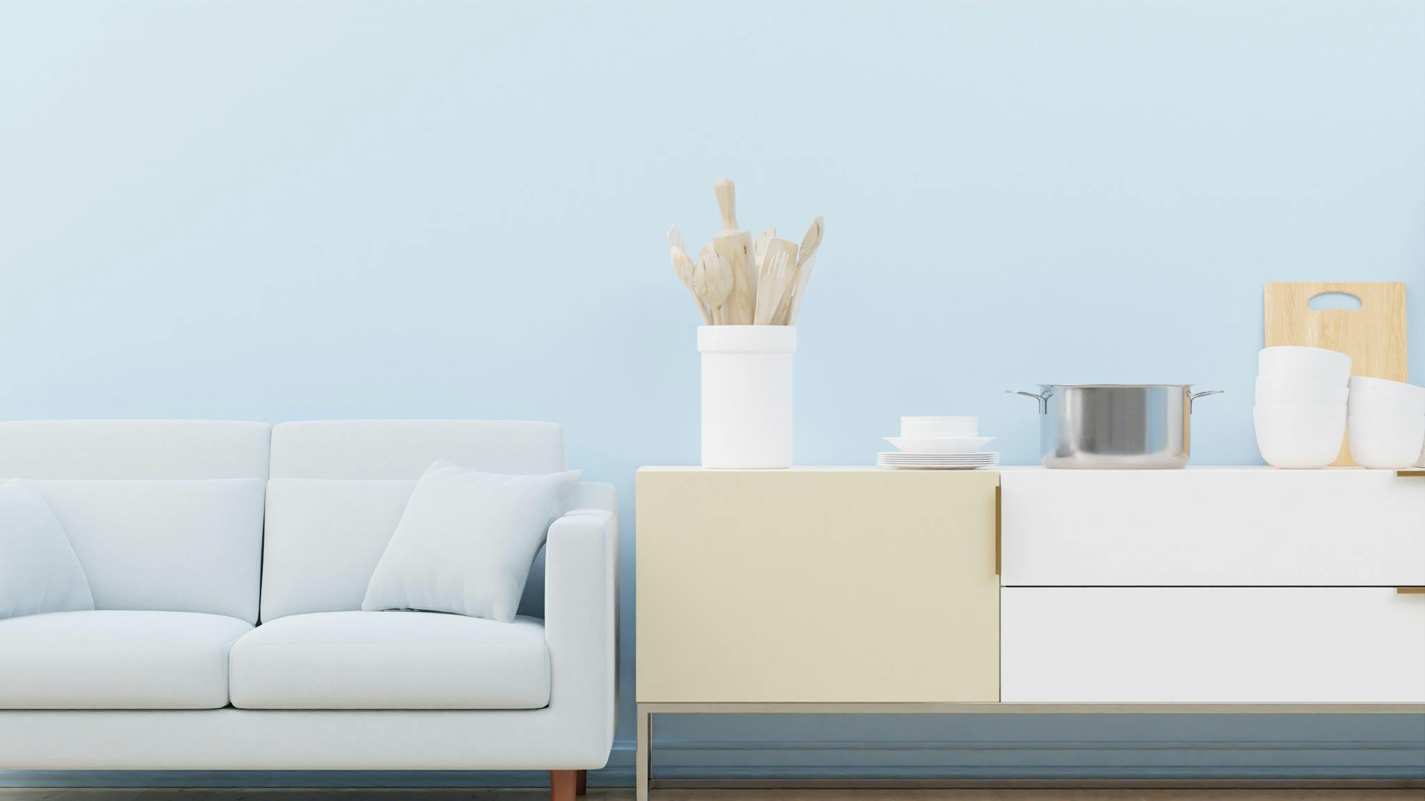 White Sofa Beside White Wooden Table